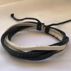 Black & White Wrap Braided Leather Handmade Bracelet Adjustable Wristband